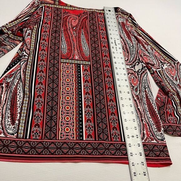 Chicos Boho Paisley Stretch Orange Red Bell Sleeve Blouse Top Size 2 US Large - Picture 11 of 11